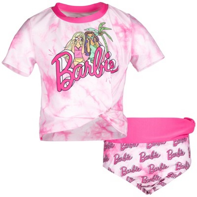 Barbie Little Girls Short Sleeve Rash Guard Swim Shirt & Swim Bikini Bottom Pink 6