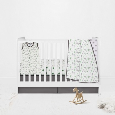 Bacati - Boys Soccer Muslin Green Gray 4 pc Crib Bedding Set with Sleeping Bag