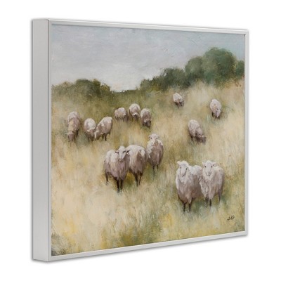 Sheep Herd in Rural Grassland Canvas Print with White Frame