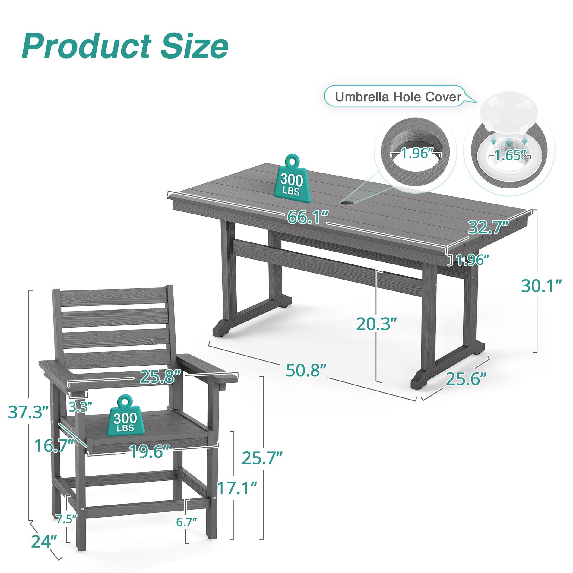 Arceso Patio Table and Chairs Set 7 Pieces, HDPS Weather Resistant Outdoor Dining Set, Square Outdoor Dining Table with 6 Patio Chairs, Gray