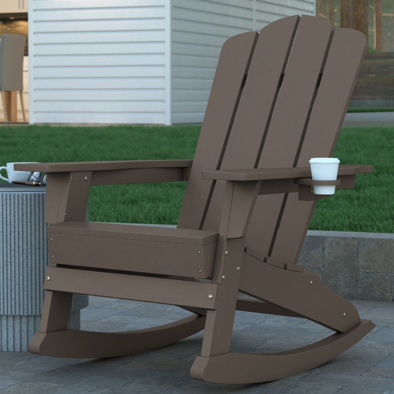 Emma and Oliver Set of 2 Adirondack Rocking Chairs with Cup Holders, Weather Resistant HDPE Adirondack Rocking Chairs in Brown, 5 of 12