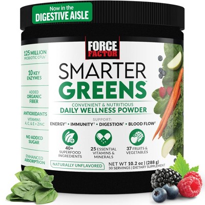 Force Factor Smarter Greens Daily Wellness Powder, Superfood Greens Supplement with Probiotics & Enzymes, 30 Servings