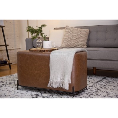 Distressed Brown Faux Leather Upholstered Bench with Black Metal Base