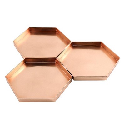 9" 3pc Decorative Hexagonal Stainless Steel Trays Copper Plated Finish - ACHLA Designs