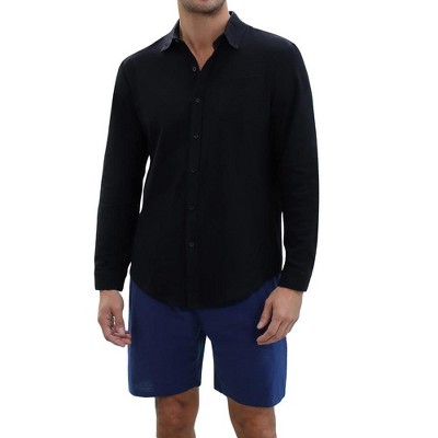 Men's Cotton Linen Sets 2 Piece Tracksuits Long Sleeve Casual Summer Beach Outfits Button Down Shirts and Shorts