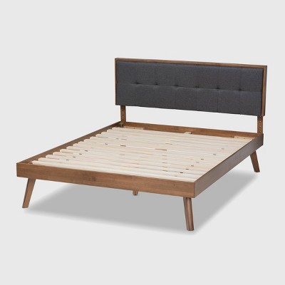 Full Dark Grey Upholstered Walnut Wood Platform Bed