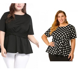 Women's Plus Size 2 Piece Twisted Knot Front Short Sleeves Crew Neck Solid Casual Peplum Blouses - Agnes Orinda - 1 of 4
