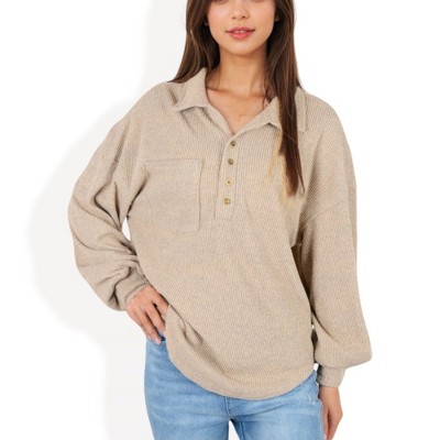 Anna-Kaci Women's Long Sleeve Ribbed Pullover with Button-Up Collar and Chest Pocket- Small, Beige