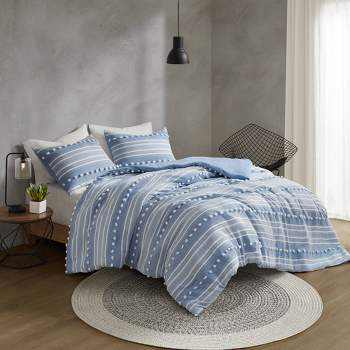 Full/QueenKylar Striped Clipped Jacquard Comforter Set Blue - Urban Habitat: Hypoallergenic, Pom Pom Detail, Machine Washable