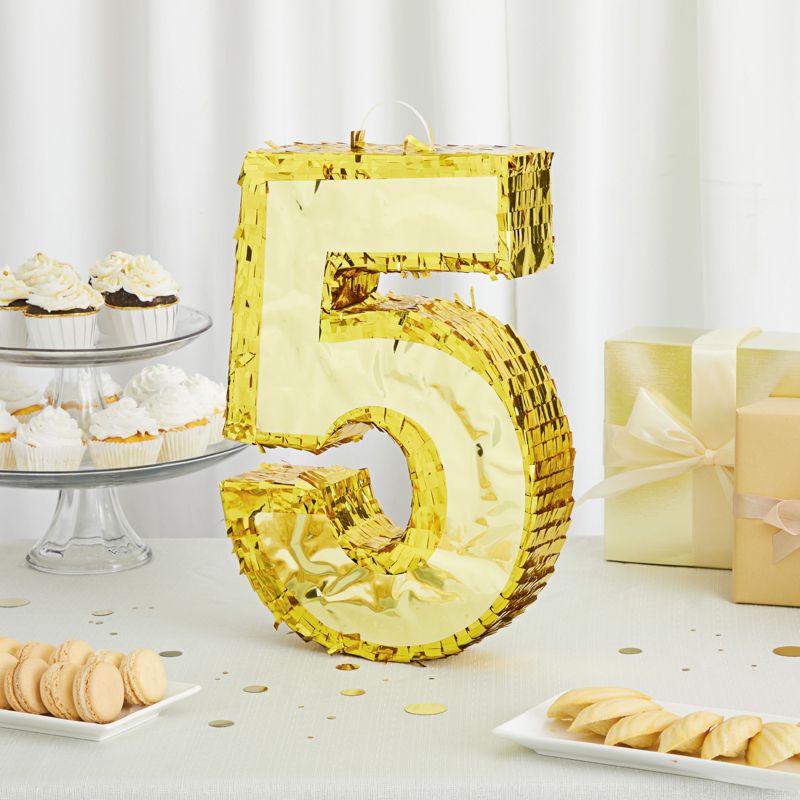 Juvale Small Gold Foil Number 5 Pinata for 5th Birthday Party Decorations & Supplies, 15.5 x 10.5 x 3 In, 2 of 8