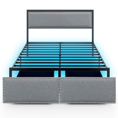 Infans Full Size Bed Frame with 2 Storage Drawers LED Lights Slats Support Modern
