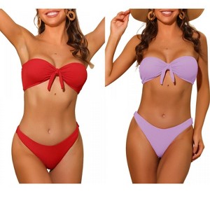 INSPIRE CHIC Women's Bandeau Ribbed Bowknot Strapless with Bottoms Swimwear Bikini 2 Set - 1 of 4
