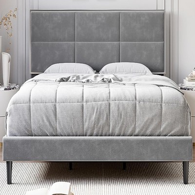 Bed Frame with Headboard, Modern Upholstered Platform Bed, Mirror Stainless Steel Decoration, Wooden Slats Support, No Box Spring Needed, Easy Assemb