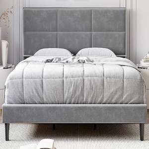 Bed Frame with Headboard, Modern Upholstered Platform Bed, Mirror Stainless Steel Decoration, Wooden Slats Support, No Box Spring Needed, Easy Assemb - 1 of 4