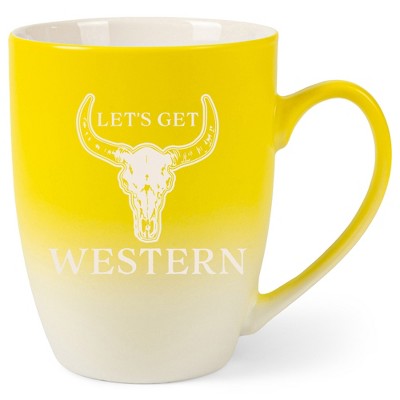 100 North Bull Skull 10 Ounce Yellow and White Two Toned Ombre, Comfortably Fits Your Hands, Ceramic Tea Coffee Cup Mug, Let's Get Western
