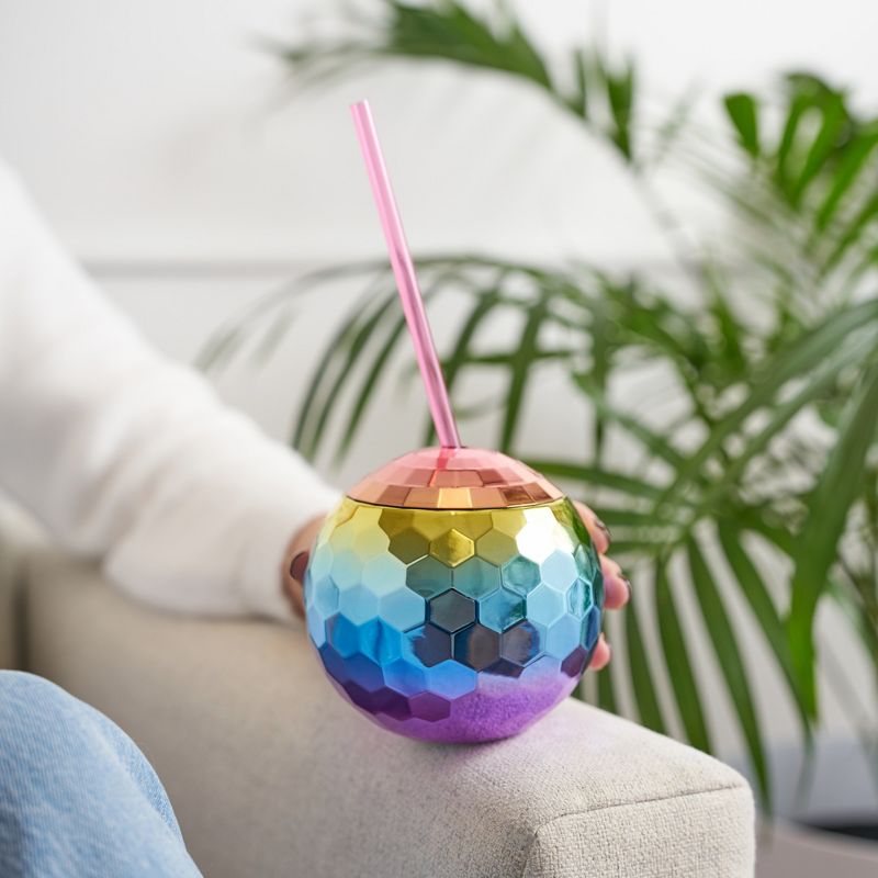 Blush Rainbow Disco Ball Cup with Straws for Parties - 16 Ounce Cute Sparkly Glitter Cocktail Disco Ball Drink Tumbler, Party Supplies, 2 of 5