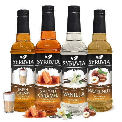 Syruvia Coffee Flavors Variety Pack: Vanilla, Salted Caramel, Hazelnut & Irish Cream 25.4 fl oz Syrup