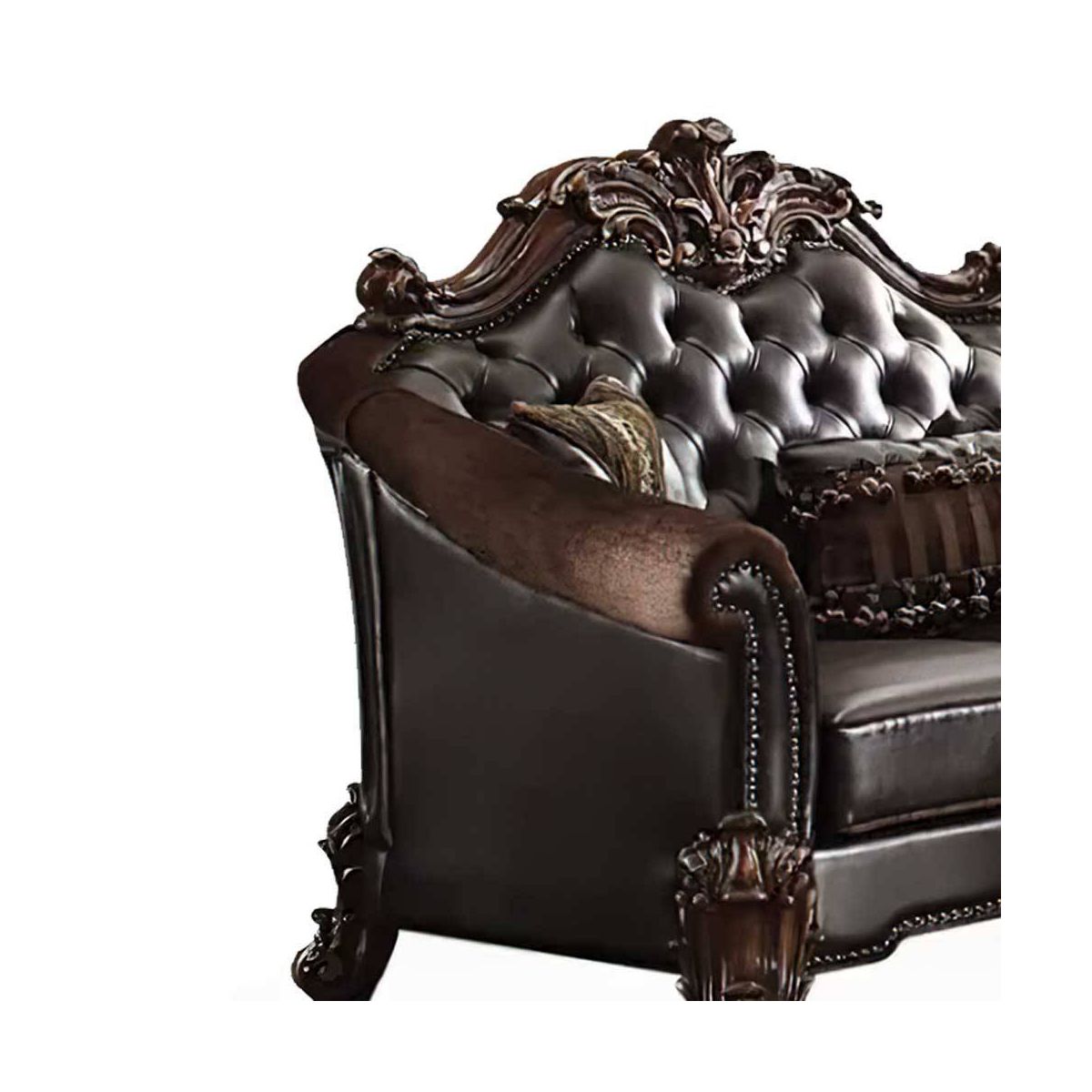 67" Vendome II Sofa Two Tone Dark Brown Synthetic Leather and Cherry Finish - Acme Furniture: Baroque Inspired, Crystal Button Tufting - thumbnail 8