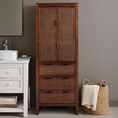 Teamson Home Hatteras Linen Cabinet with Drawers & 2 Rattan Inlay Doors with Adjustable Shelf