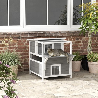 Gray and White Fir Wood Outdoor Cat House with Balcony