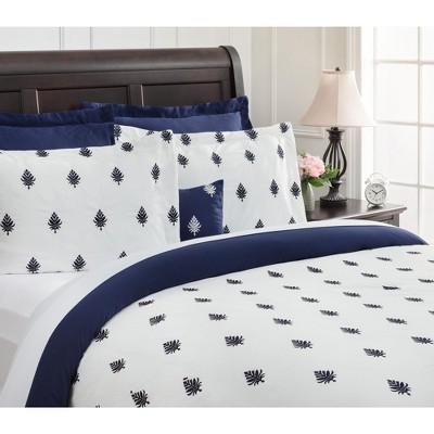 Navy and White Embroidered Microfiber Queen Duvet Cover Set