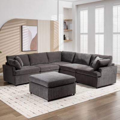 Upholstered Sectional Sofa with Removable Ottoman,U-Shape 6 Seat Sectional Couch, for Living Room,,Apartment, Spacious Space