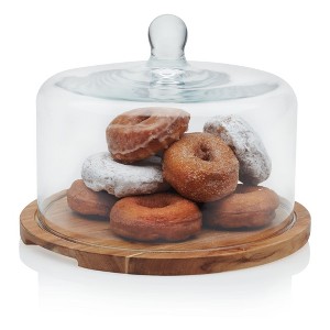 Libbey Acaciawood Flat Round Wood Server Cake Stand with Glass Dome - 1 of 4