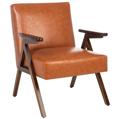 Cognac Faux Leather and Walnut Wood Mid-Century Accent Chair