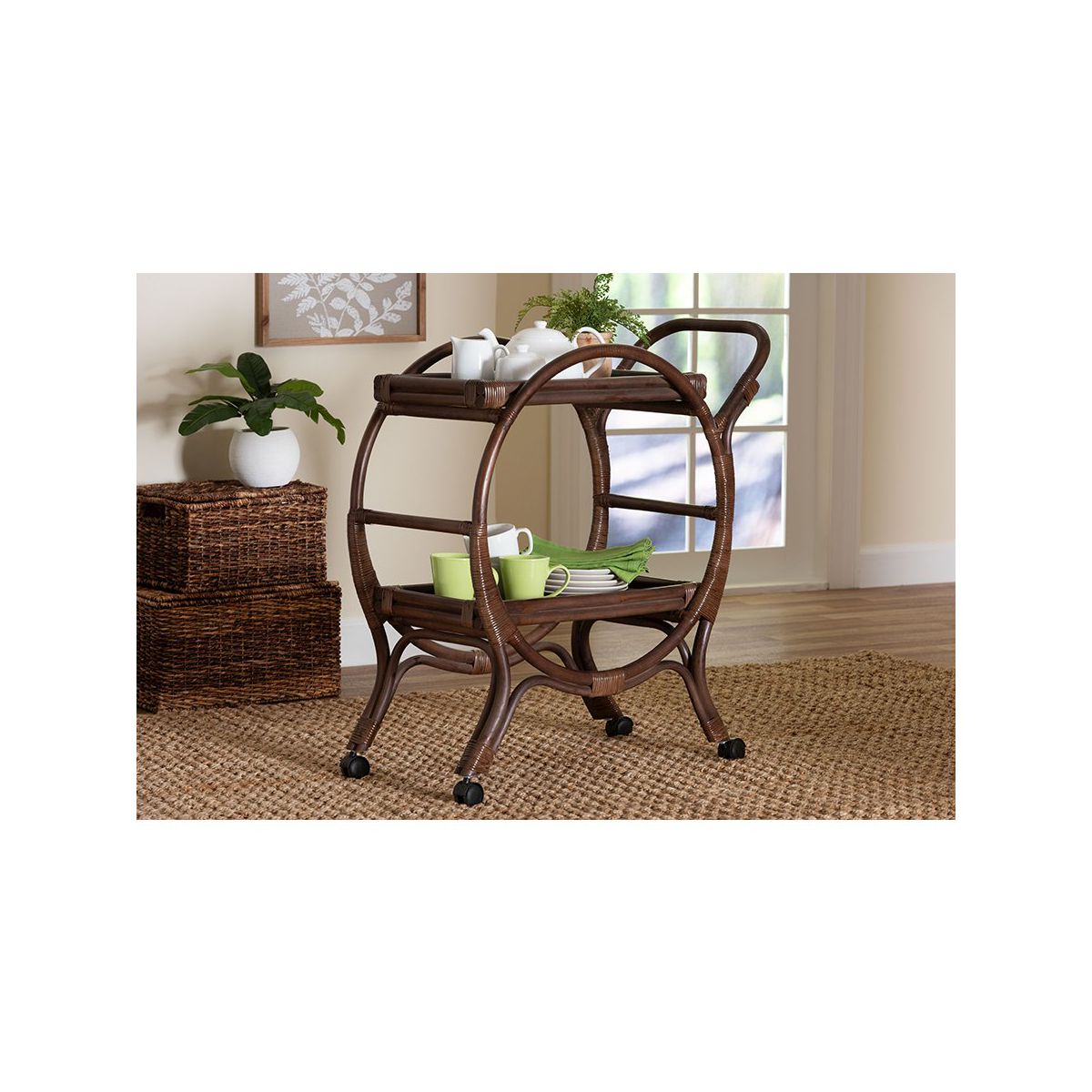 bali & pari,Selah Natural Rattan Kitchen Cart, Handwoven 2-Tier Mobile Serving Cart - thumbnail 6