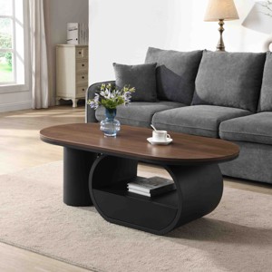Modern Oval Coffee Table with Storage Drawer, Faux Marble Coffee Table with Metal Frame,Living Room Coffee Table with Adjustable Feet-Baofuwish - 1 of 4