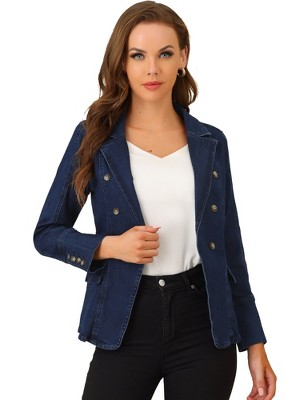 Allegra K Women's Regular Fit Casual Lapel Long Sleeve Denim Pockets Blazer