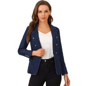 Allegra K Women's Regular Fit Casual Lapel Long Sleeve Denim Pockets Blazer - 1 of 4