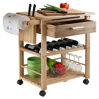 Transitional Brown Wood Kitchen Cart with Wine Storage and Knife Block