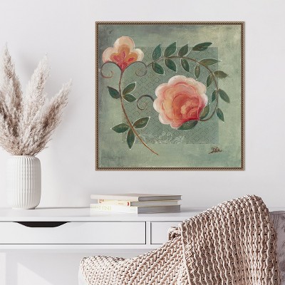 Beaded Bronze Framed Floral Green Canvas Wall Art