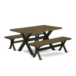 HomeStock 3-Piece Rectangle Distressed Jacobean Finish Solid Wood Top Dining Table with 2-Benches - 1 of 4