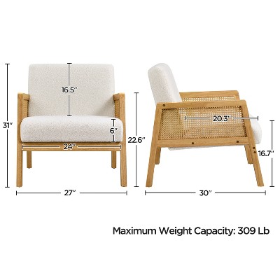 Ivory Boucle Fabric Accent Chair with Rattan Armrests and Wood Legs
