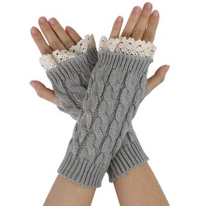 Unique Bargains Pair Women's Winter Lace Trim Fingerless Thumbhole Stretchy Knitted Gloves - 1 of 4