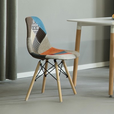 Multicolor Patchwork Upholstered Side Chair with Wooden Legs