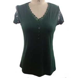 Coolmee Women Short Sleeve Lace V Neck Shirts Ribbed Knit Fitted Basic Tee Tops Business Dressy Casual Summer Blouses T-Shirt - 1 of 2