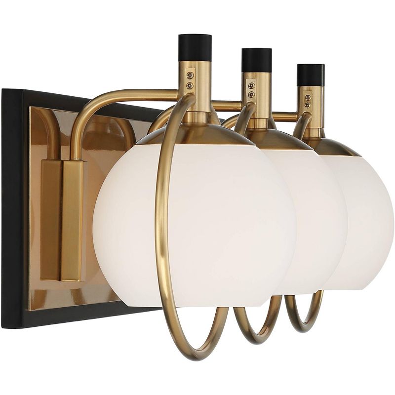 Possini Euro Design Carlyn Mid Century Modern Wall Light Brass Black Hardwire 26" 3-Light Fixture White Glass Globe Shade for Bedroom Bathroom Vanity, 5 of 7