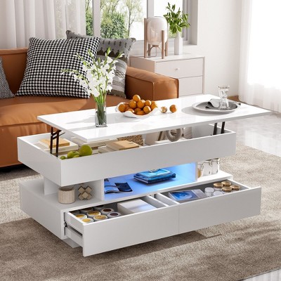 PAGED Modern High-Gloss Finish Lift-Top Coffee Table with Hidden Storage & Drawers,Multi-Functional Tea Table Center Table for Living Room,Bedroom