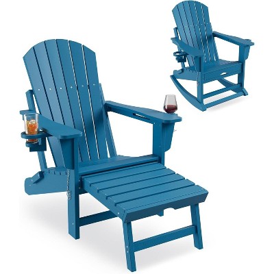 coucheta Adirondack Outdoor Rocking Chairs for Porch, Folding Rocker Chair With Two Cup Holders, HDPE All Weather Rocking Chair for Patio, Blue