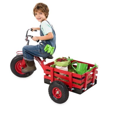 HearthSong Kids Classic Red Metal Tricycle with Attached Slatted-Wood Wagon