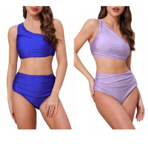 INSPIRE CHIC Women's One Shoulder Push Up Top High Waisted Tummy Control Bottom Swimwear Bikini Suits 2 Sets - 1 of 4