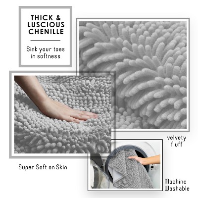 Light Gray Chenille Bath Mat with Non-Slip Rubber Backing, 20x32