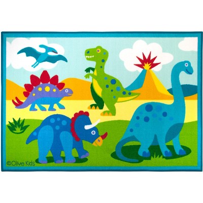 Blue Dinosaur Land Rectangular Kids Rug with Non-Slip Backing