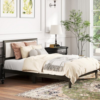 HOMCOM Bed Frame with Upholstered Headboard, Platform Bed Frame with Wooden Slats, No Box Spring Needed, Easy Assembly