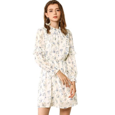Allegra K Women's Floral Mock Neck Tie Waist Ruffle Shift Chiffon Dress