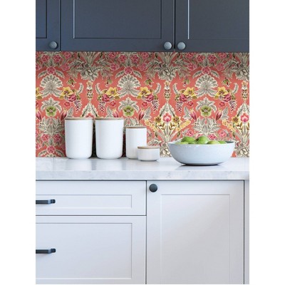 Peach Floral Damask Peel and Stick Wallpaper