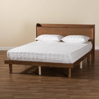 Mid-Century Modern Walnut Brown Full Platform Bed with Charging Station